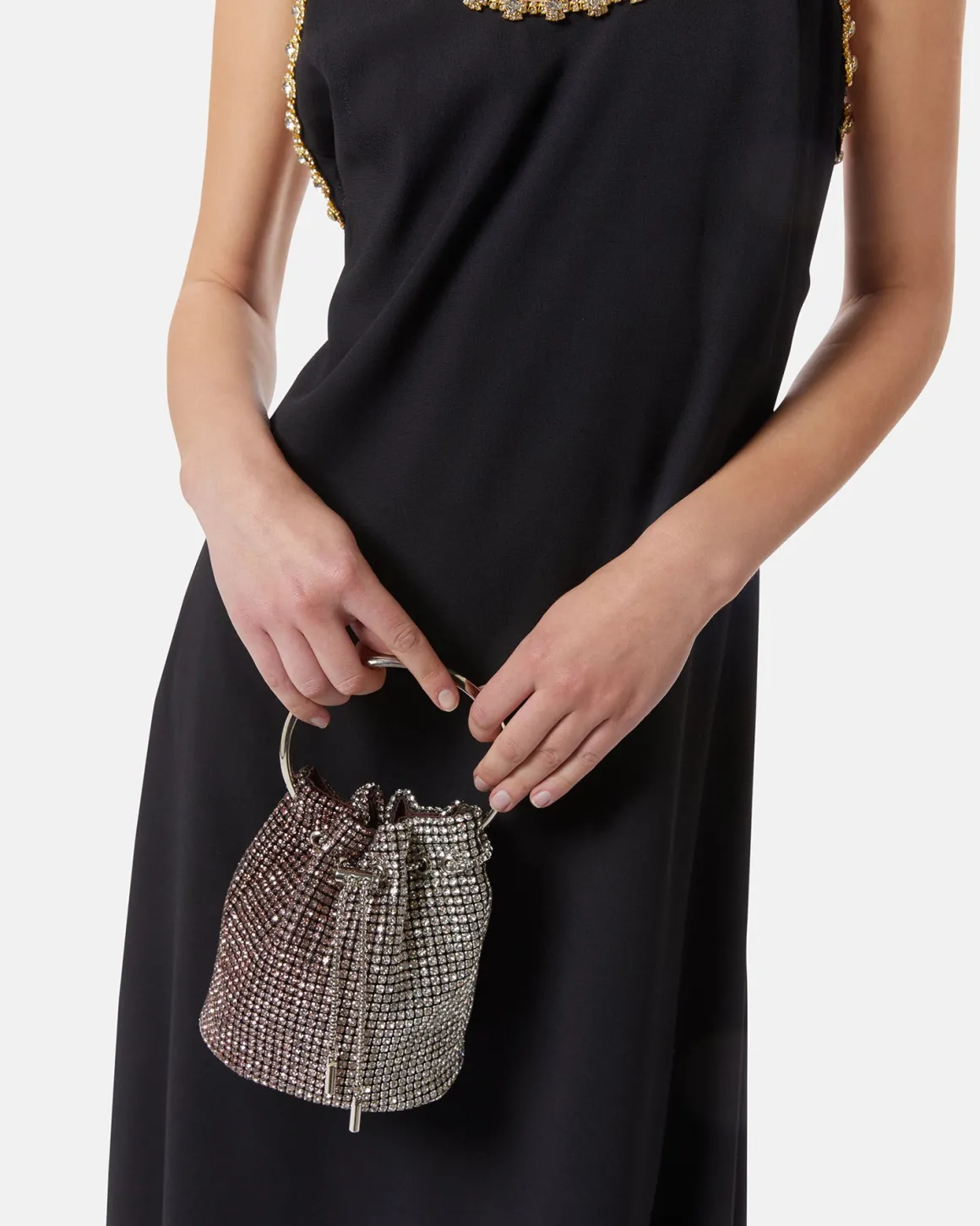 Bucket bag with rhinestones and handle