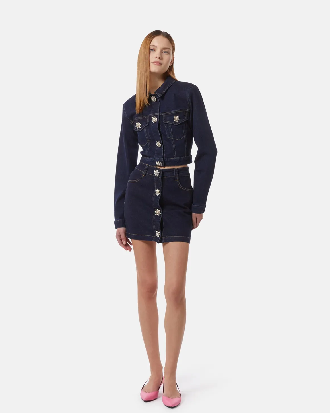 Dark denim miniskirt with jewel buttons