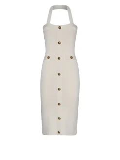 Dress with halter neckline and decorative front closure