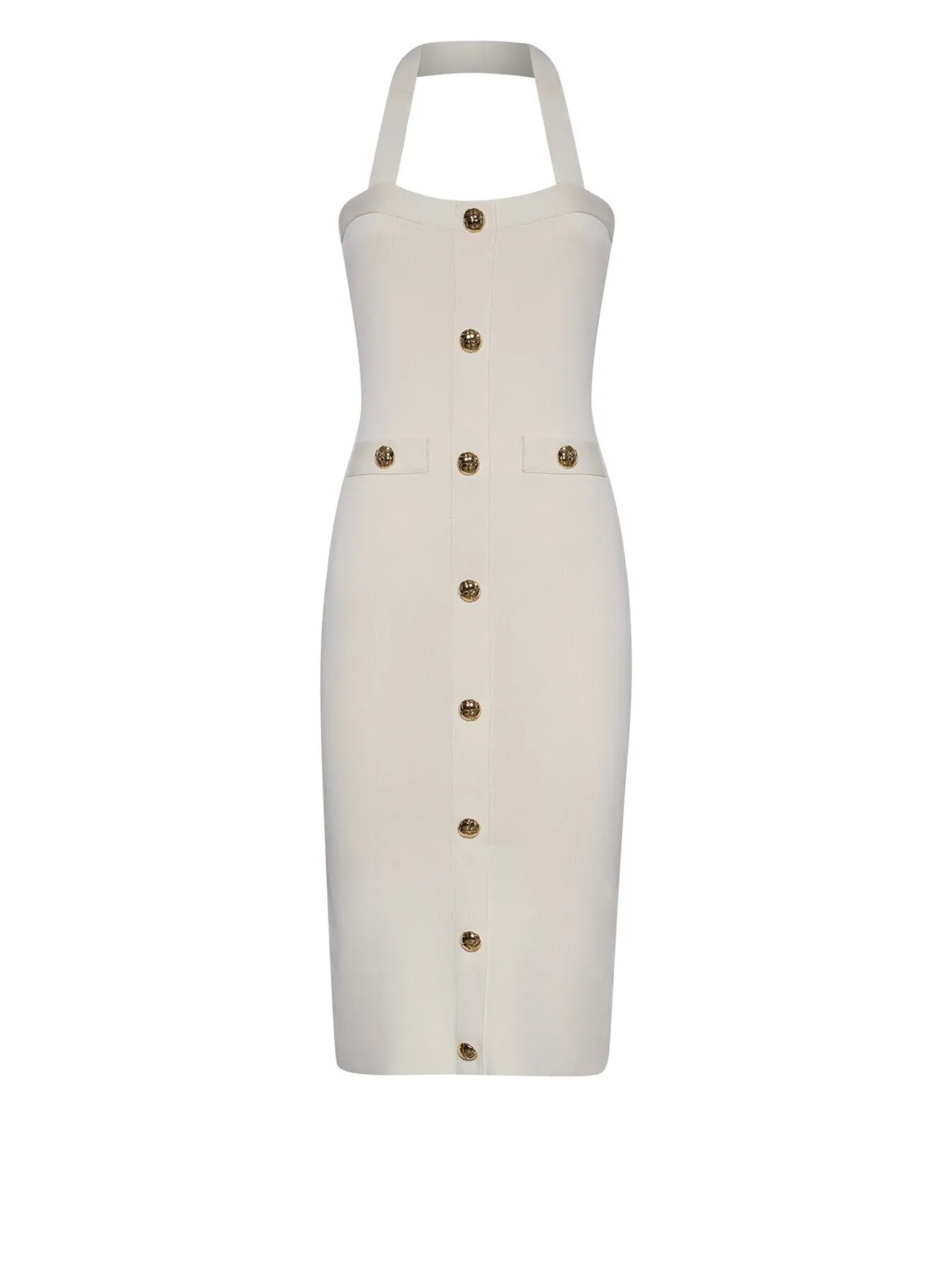 Dress with halter neckline and decorative front closure