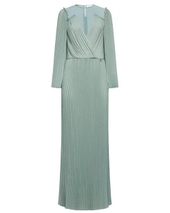 Long dress with pleats and crossover neckline