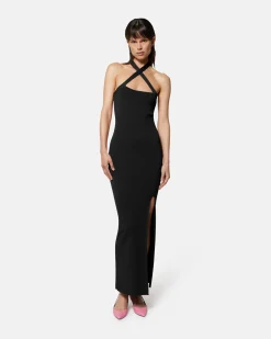 Long knitted dress with cross neckline