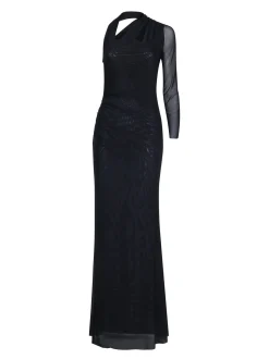 Long one-shoulder dress with sculptural drapes
