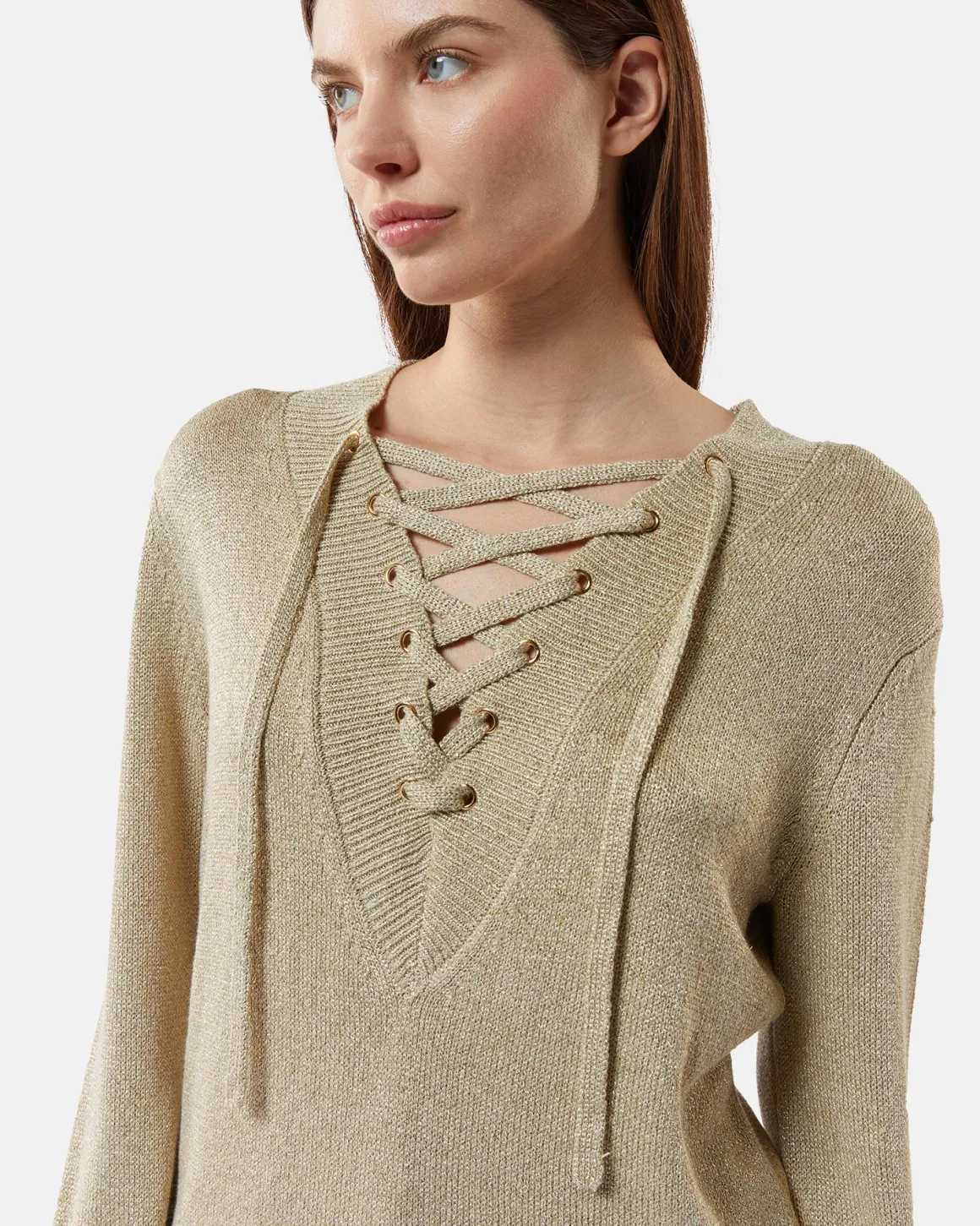 Lurex shirt sweater with intertwined V neckline