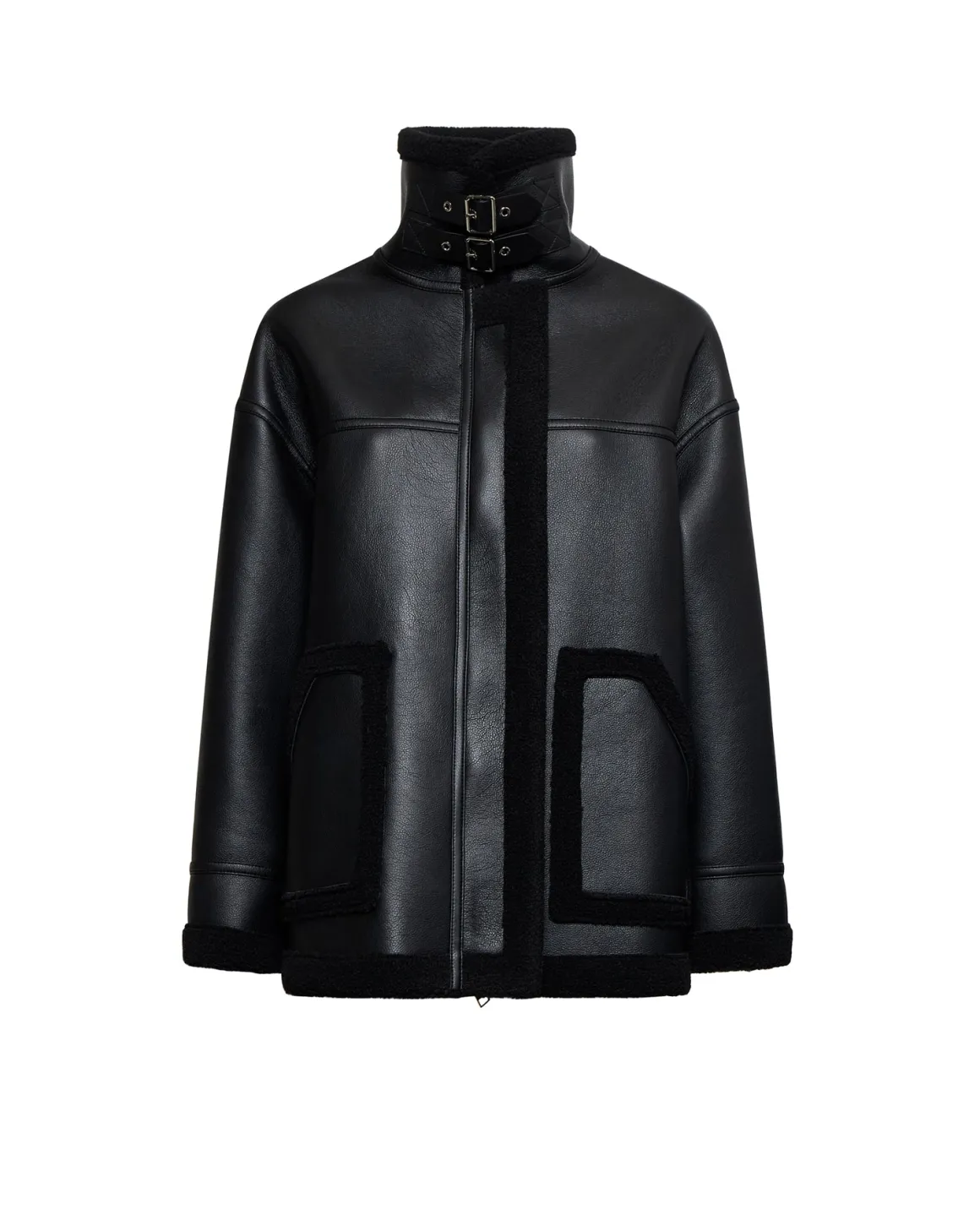 Shearling-effect coat with high collar