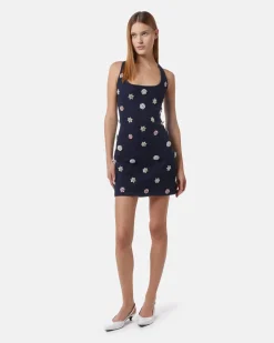 Short denim dress with jewel applications