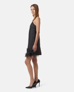 Short dress with floral applications in satin fabric