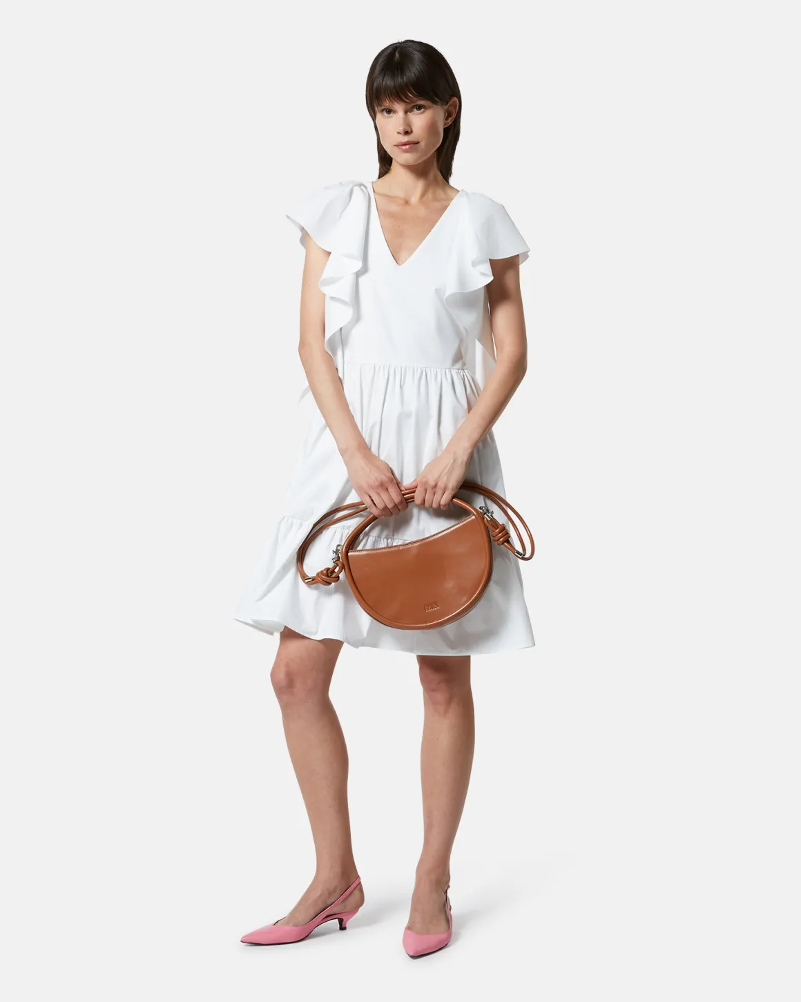 Short dress with V -neck and decorative ruffles