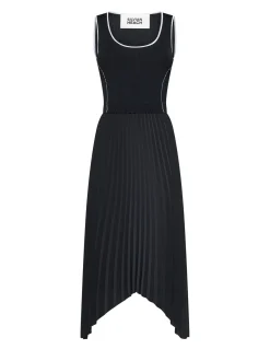 Sleeveless dress with pleated skirt and architectural lines