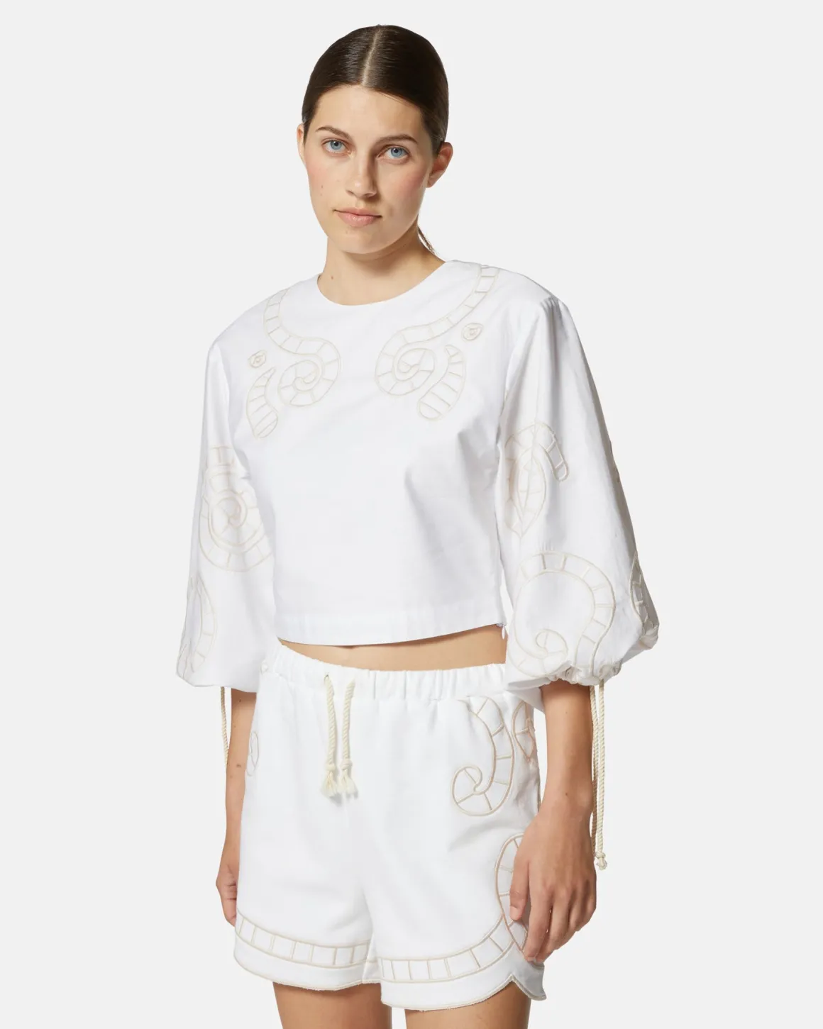 Top crop with sliced 窶銀菊mbroidery and sleeves