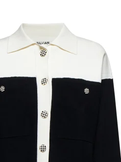 Two-tone sweater with collar and jewel buttons